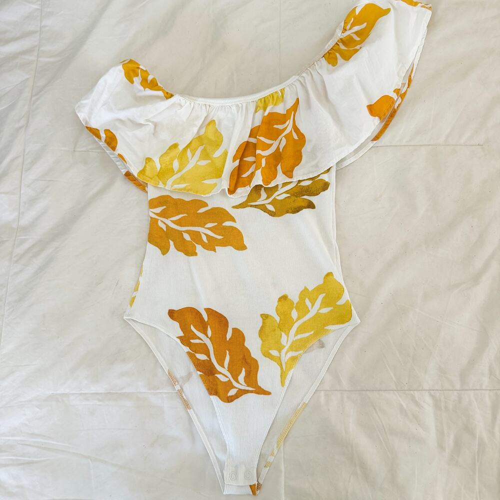 Tintoretto White Yellow Orange Tropical Leaf One Shoulder Ruffle Bodysuit Small